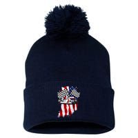 American Racing Car Flag Pom Pom 12in Knit Beanie