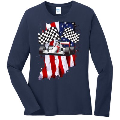 American Racing Car Flag Ladies Long Sleeve Shirt