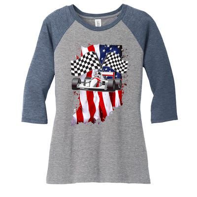 American Racing Car Flag Women's Tri-Blend 3/4-Sleeve Raglan Shirt