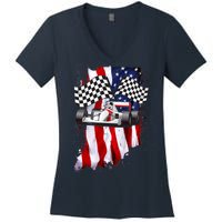 American Racing Car Flag Women's V-Neck T-Shirt