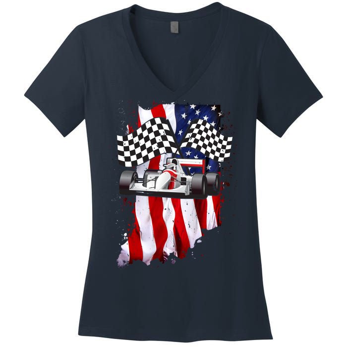 American Racing Car Flag Women's V-Neck T-Shirt