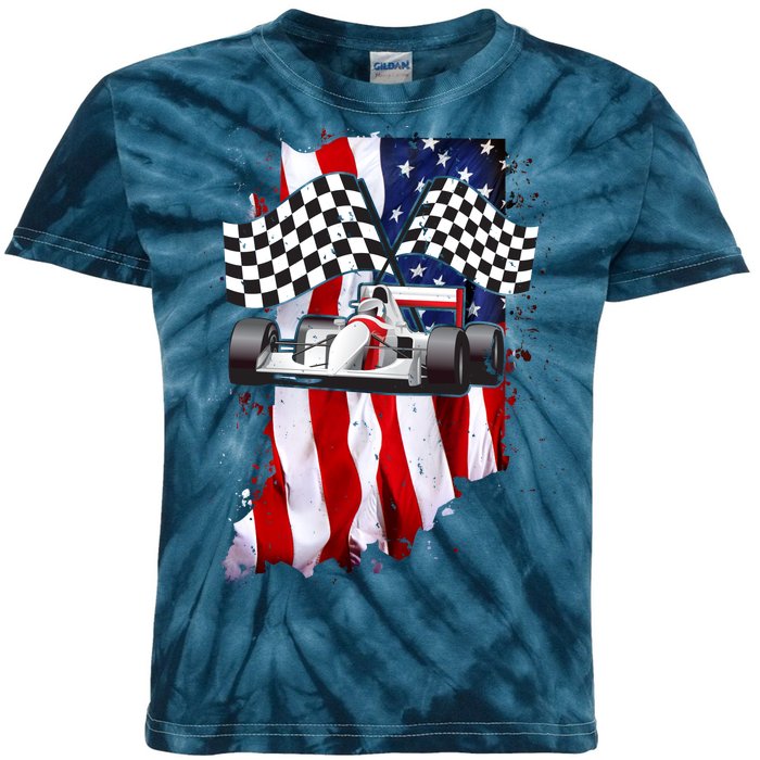 American Racing Car Flag Kids Tie-Dye T-Shirt