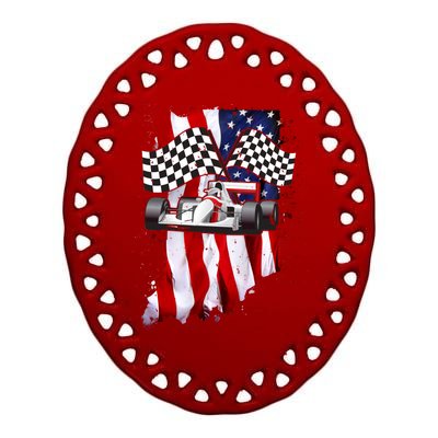 American Racing Car Flag Ceramic Oval Ornament