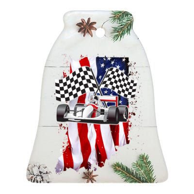 American Racing Car Flag Ceramic Bell Ornament