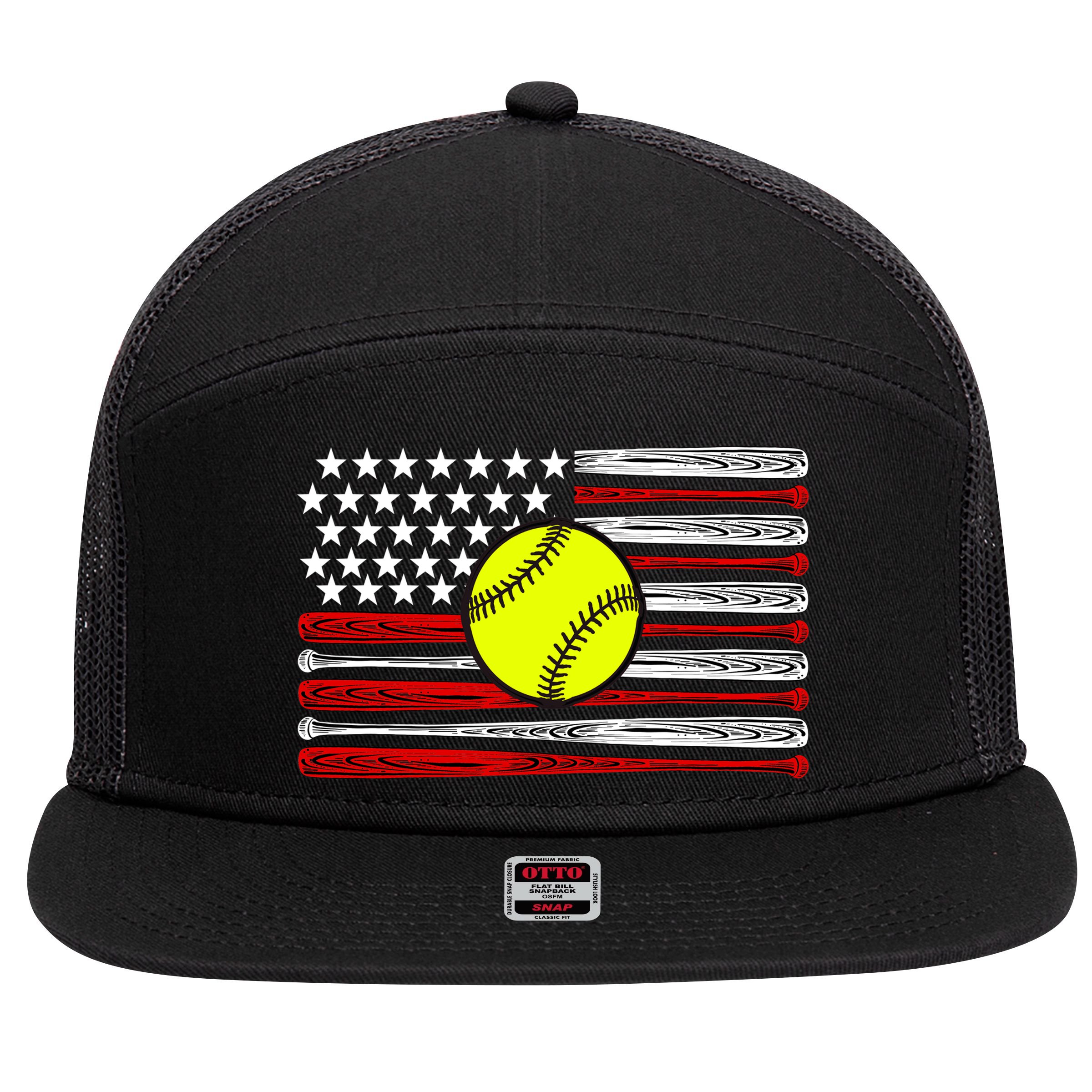 American Softball Flag 7 Panel Mesh Trucker Snapback Hat