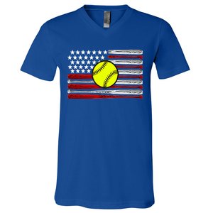 American Softball Flag V-Neck T-Shirt