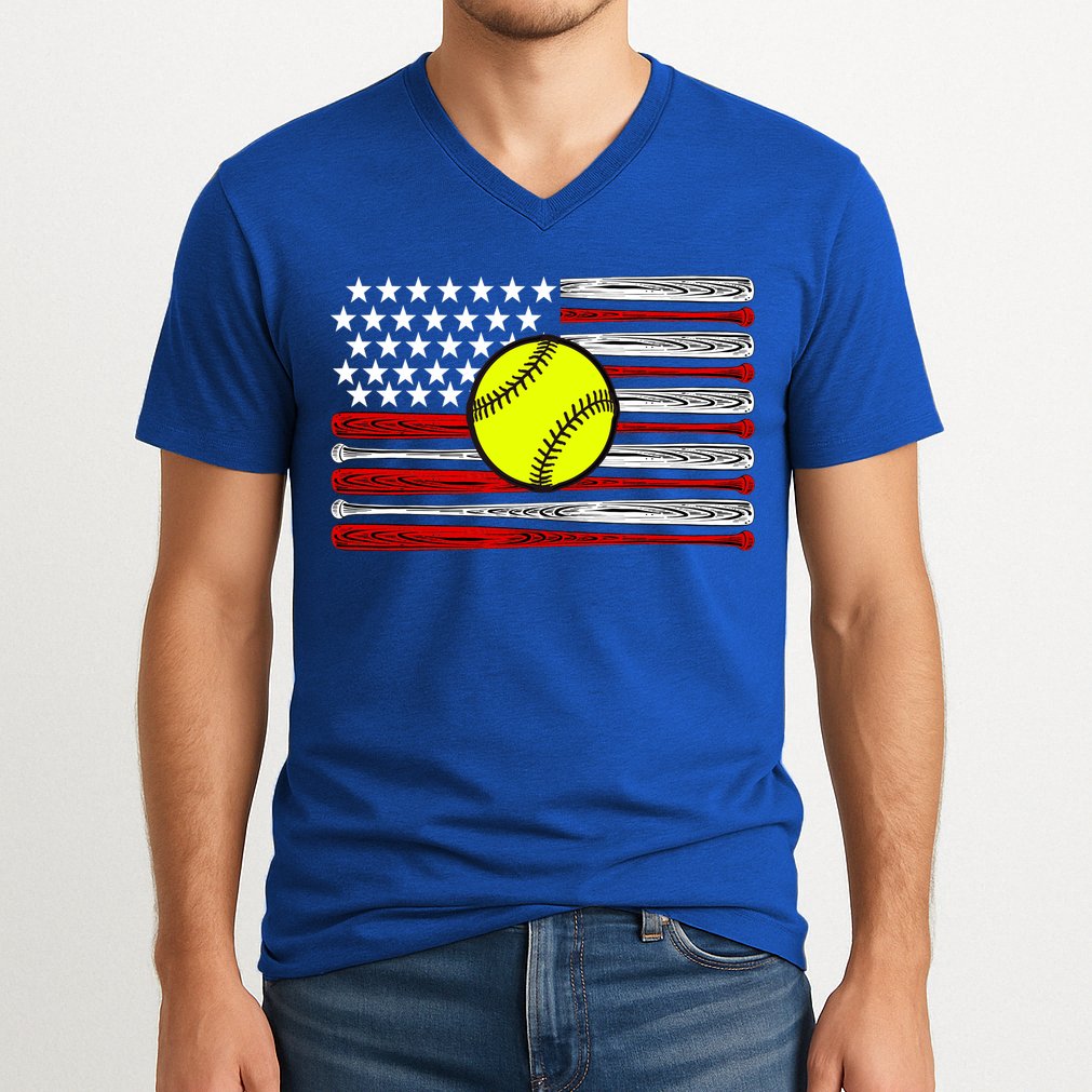 American Softball Flag V-Neck T-Shirt