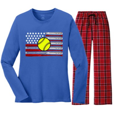 American Softball Flag Women's Long Sleeve Flannel Pajama Set 