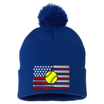 American Softball Flag Pom Pom 12in Knit Beanie