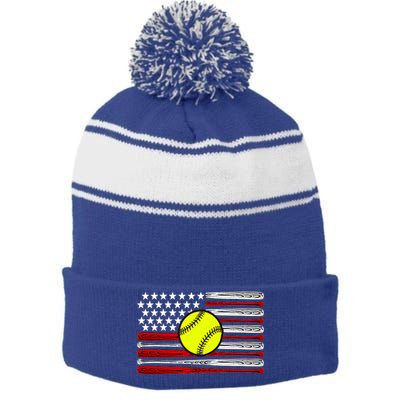 American Softball Flag Stripe Pom Pom Beanie