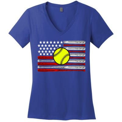 American Softball Flag Women's V-Neck T-Shirt