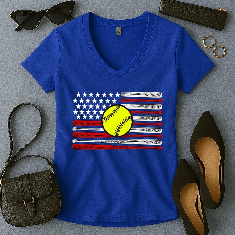American Softball Flag Women's V-Neck T-Shirt