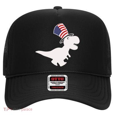American T-Rex Dinosaur USA Flag High Crown Mesh Back Trucker Hat