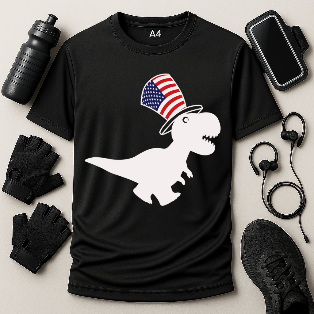 American T-Rex Dinosaur USA Flag Cooling Performance Crew T-Shirt