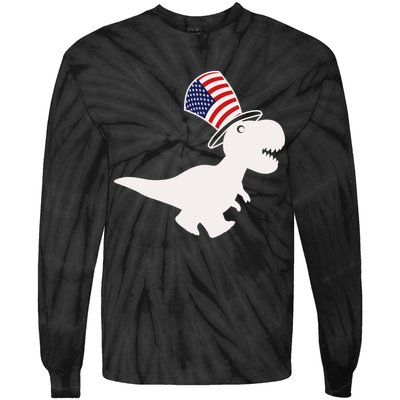 American T-Rex Dinosaur USA Flag Tie-Dye Long Sleeve Shirt