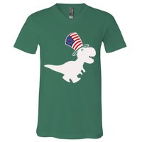 American T-Rex Dinosaur USA Flag V-Neck T-Shirt