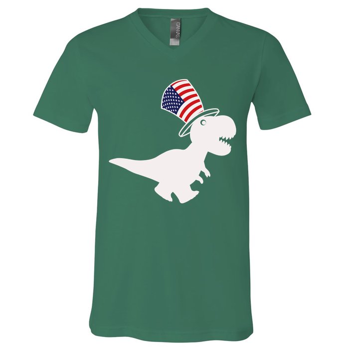 American T-Rex Dinosaur USA Flag V-Neck T-Shirt