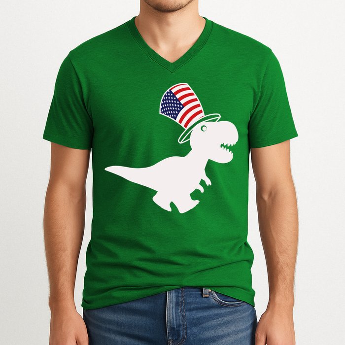 American T-Rex Dinosaur USA Flag V-Neck T-Shirt