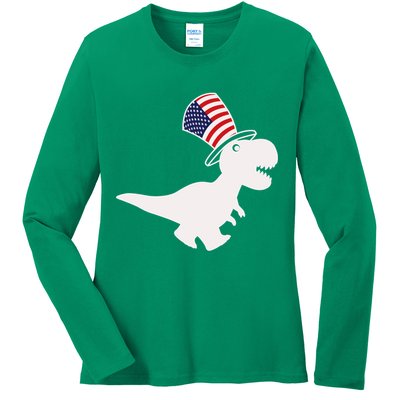 American T-Rex Dinosaur USA Flag Ladies Long Sleeve Shirt