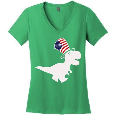 American T-Rex Dinosaur USA Flag Women's V-Neck T-Shirt