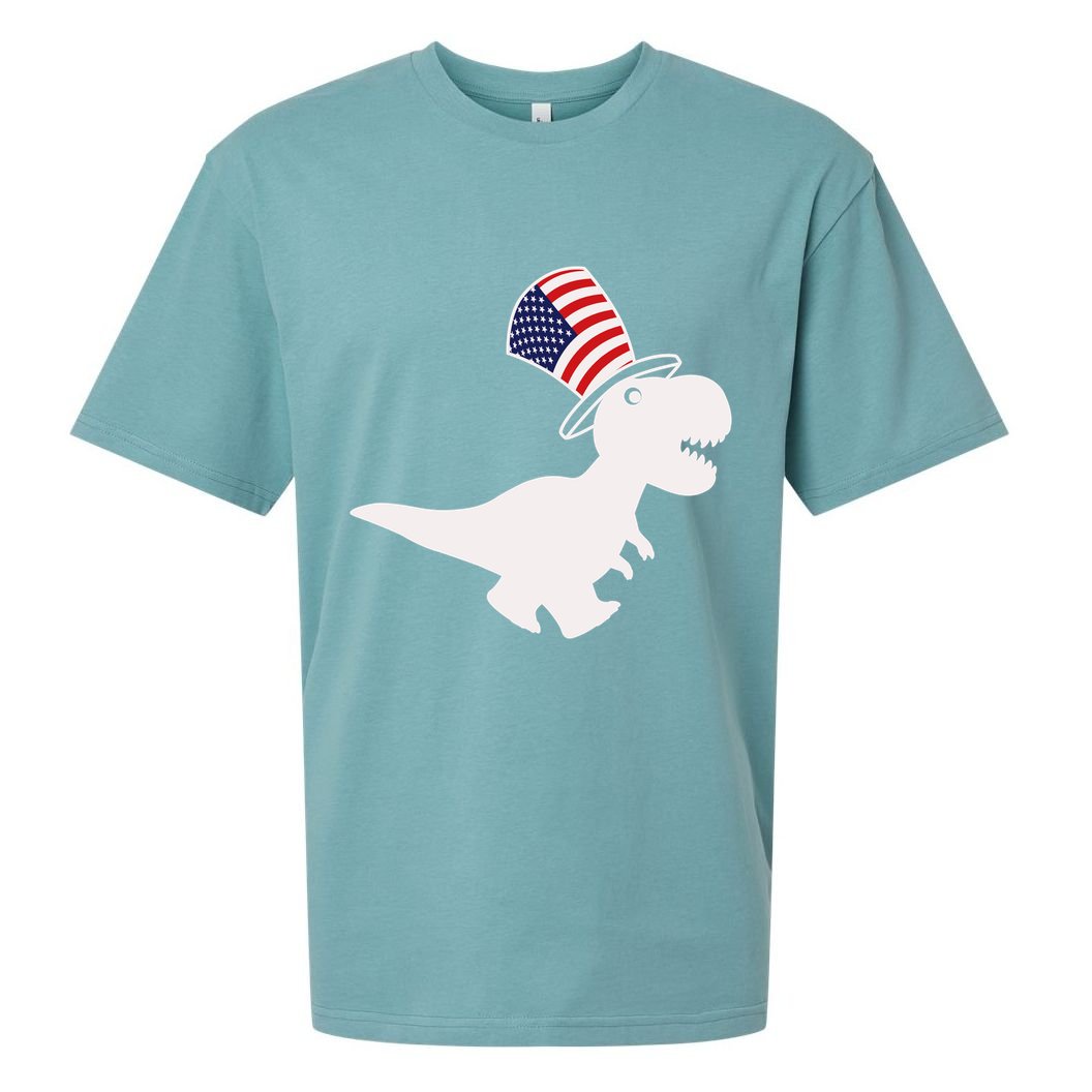 American T-Rex Dinosaur USA Flag Sueded Cloud Jersey T-Shirt