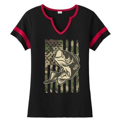 American US Camouflage Flag Bass Fishing Ladies Halftime Notch Neck Tee