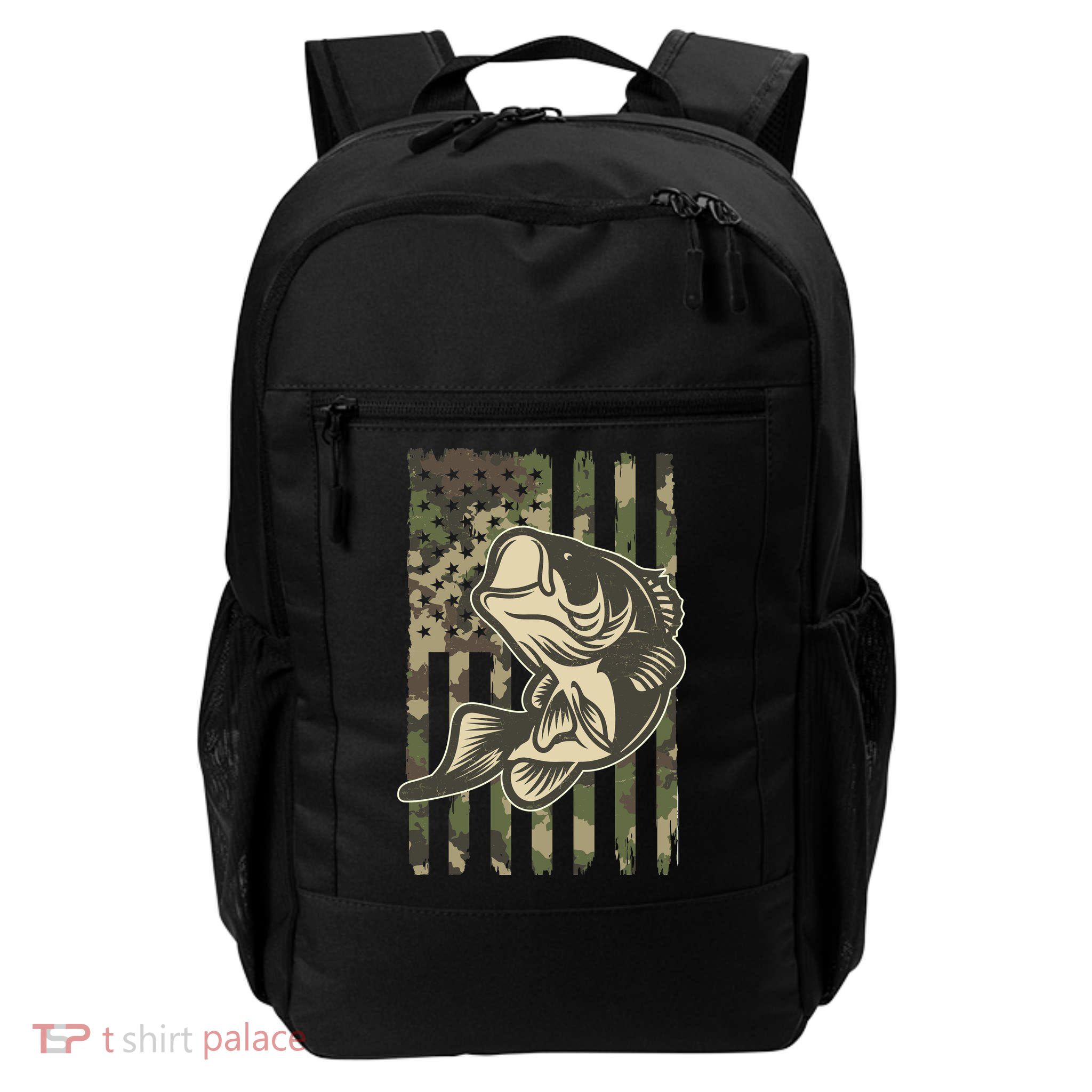 American US Camouflage Flag Bass Fishing Daily Commute Backpack