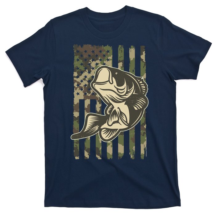 American US Camouflage Flag Bass Fishing T-Shirt