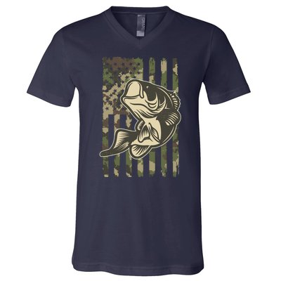 American US Camouflage Flag Bass Fishing V-Neck T-Shirt