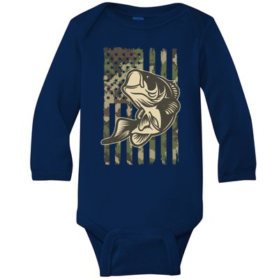 American US Camouflage Flag Bass Fishing Baby Long Sleeve Bodysuit