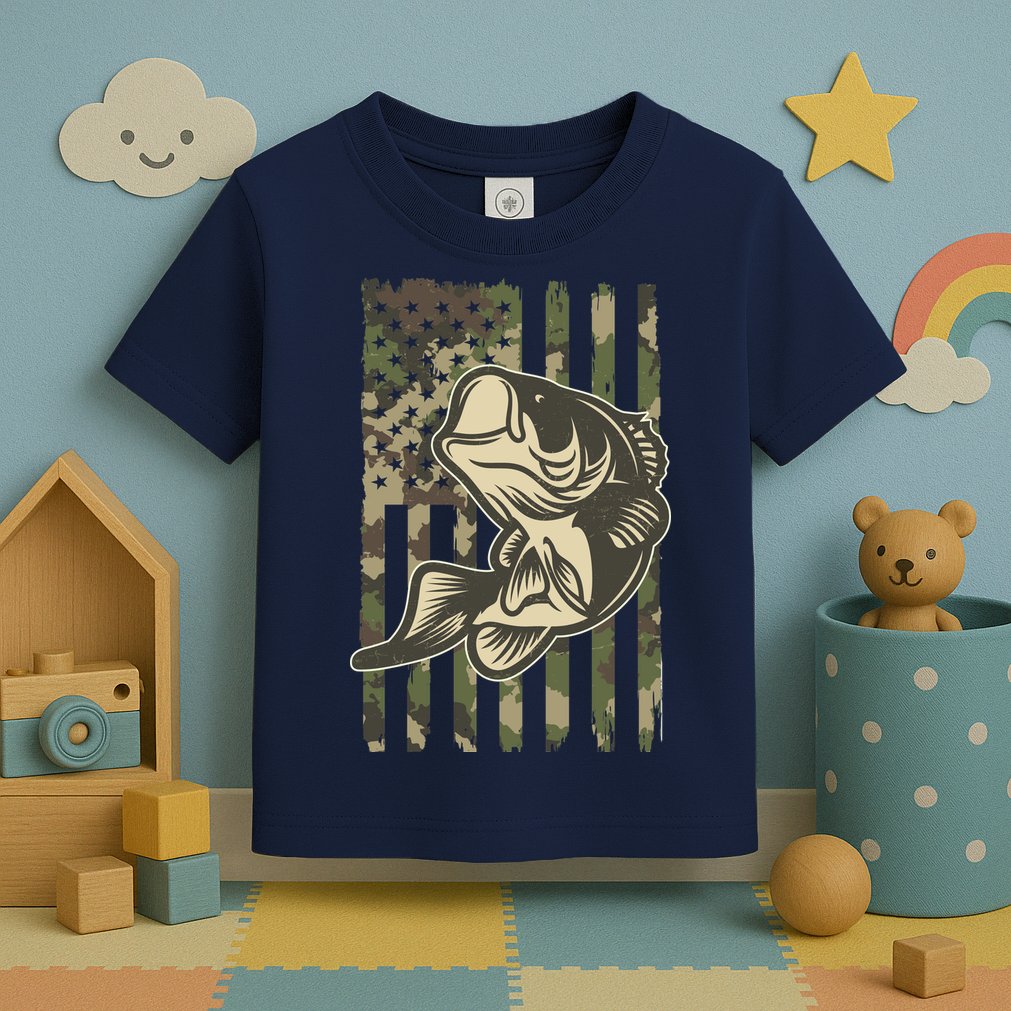 American US Camouflage Flag Bass Fishing Toddler T-Shirt
