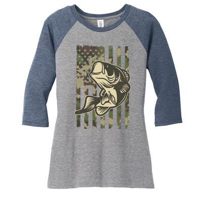 American US Camouflage Flag Bass Fishing Women's Tri-Blend 3/4-Sleeve Raglan Shirt