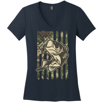 American US Camouflage Flag Bass Fishing Women's V-Neck T-Shirt