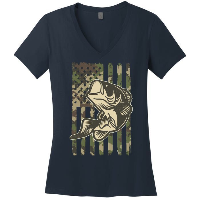 American US Camouflage Flag Bass Fishing Women's V-Neck T-Shirt