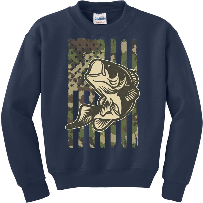 American US Camouflage Flag Bass Fishing Kids Sweatshirt