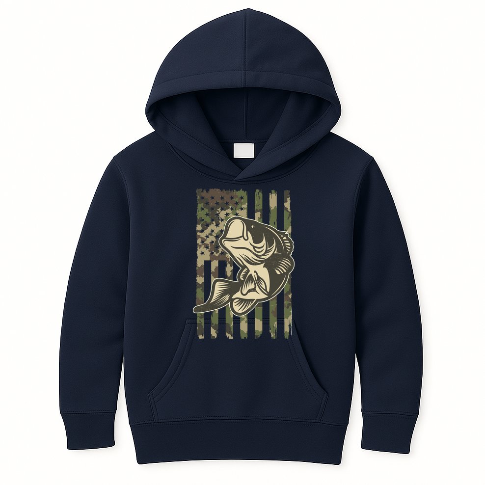 American US Camouflage Flag Bass Fishing Kids Hoodie
