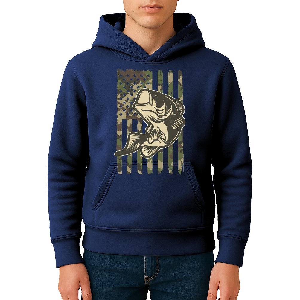 American US Camouflage Flag Bass Fishing Kids Hoodie