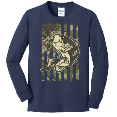 American US Camouflage Flag Bass Fishing Kids Long Sleeve Shirt