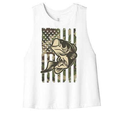 American US Camouflage Flag Bass Fishing Women's Racerback Cropped Tank