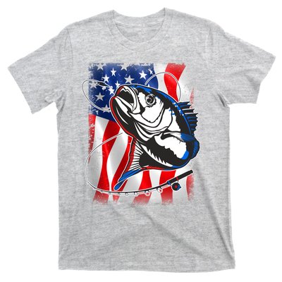 American USA Flag Bass Fishing Fan T-Shirt