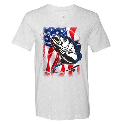 American USA Flag Bass Fishing Fan V-Neck T-Shirt