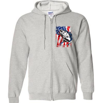 American USA Flag Bass Fishing Fan Full Zip Hoodie