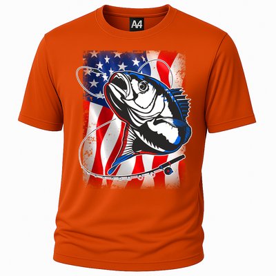 American USA Flag Bass Fishing Fan Cooling Performance Crew T-Shirt