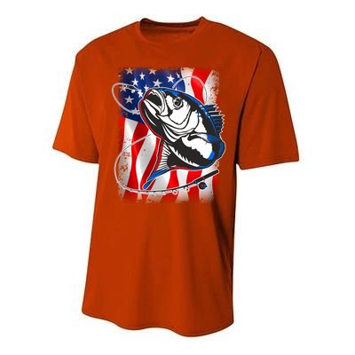 American USA Flag Bass Fishing Fan Performance Sprint T-Shirt