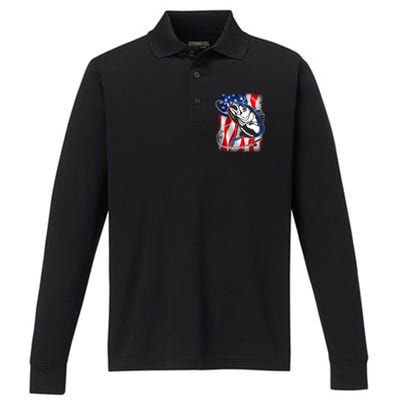 American USA Flag Bass Fishing Fan Performance Long Sleeve Polo