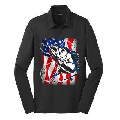 American USA Flag Bass Fishing Fan Silk Touch Performance Long Sleeve Polo