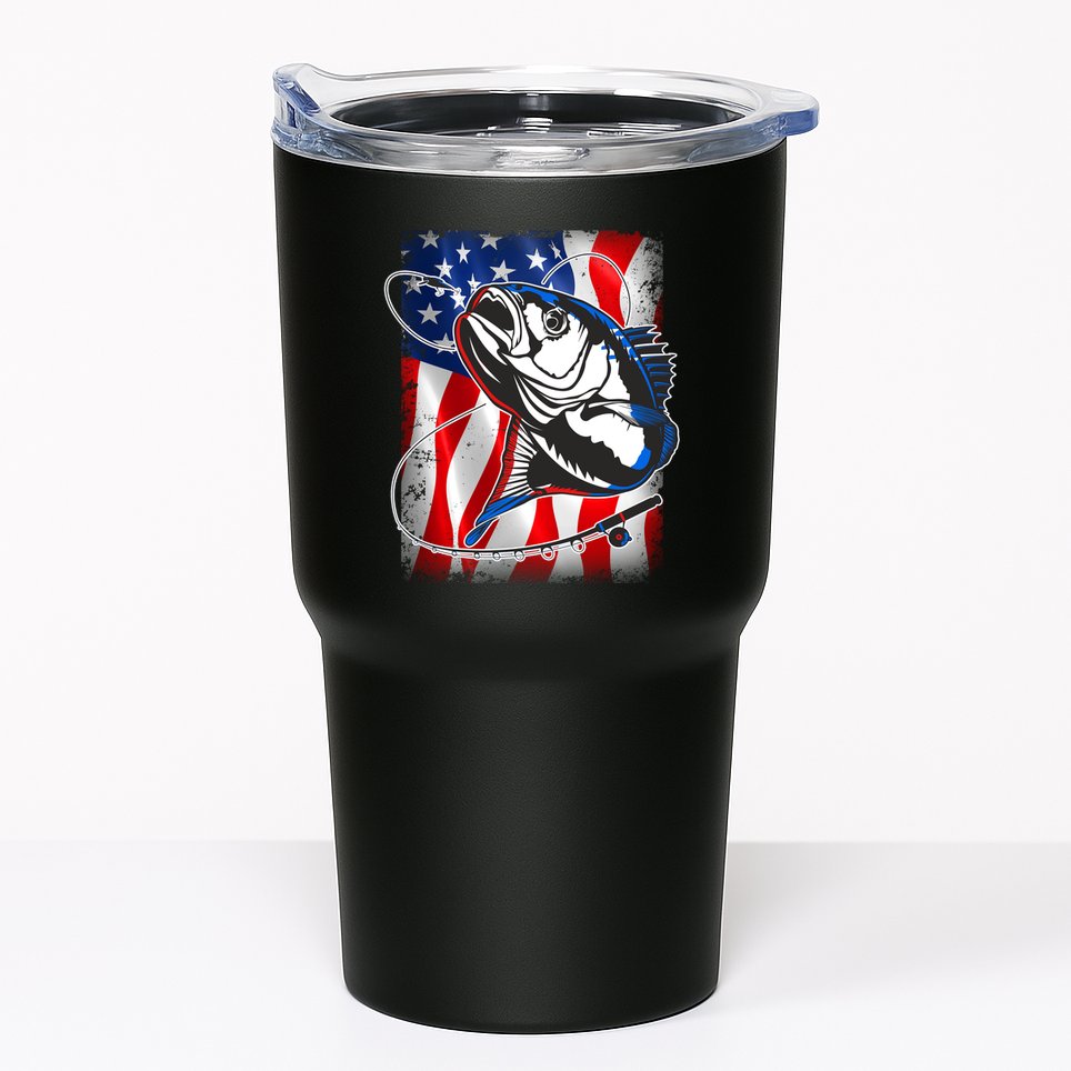 American USA Flag Bass Fishing Fan Tumbler