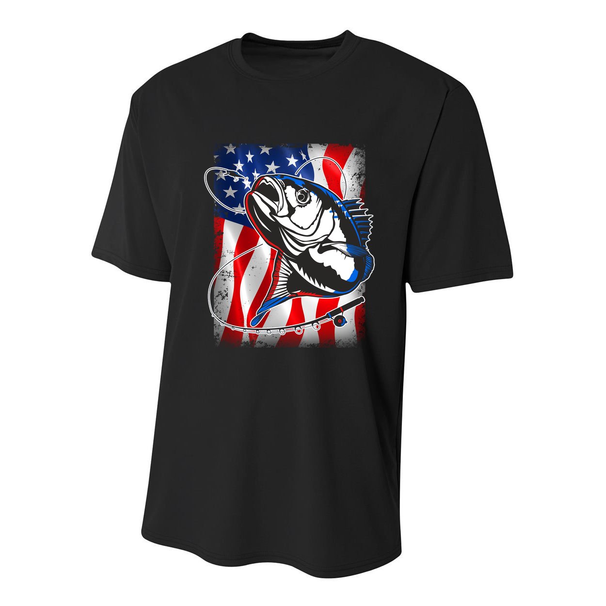 American USA Flag Bass Fishing Fan Youth Performance Sprint T-Shirt