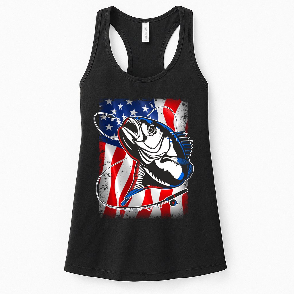 American USA Flag Bass Fishing Fan Womens Tank Top