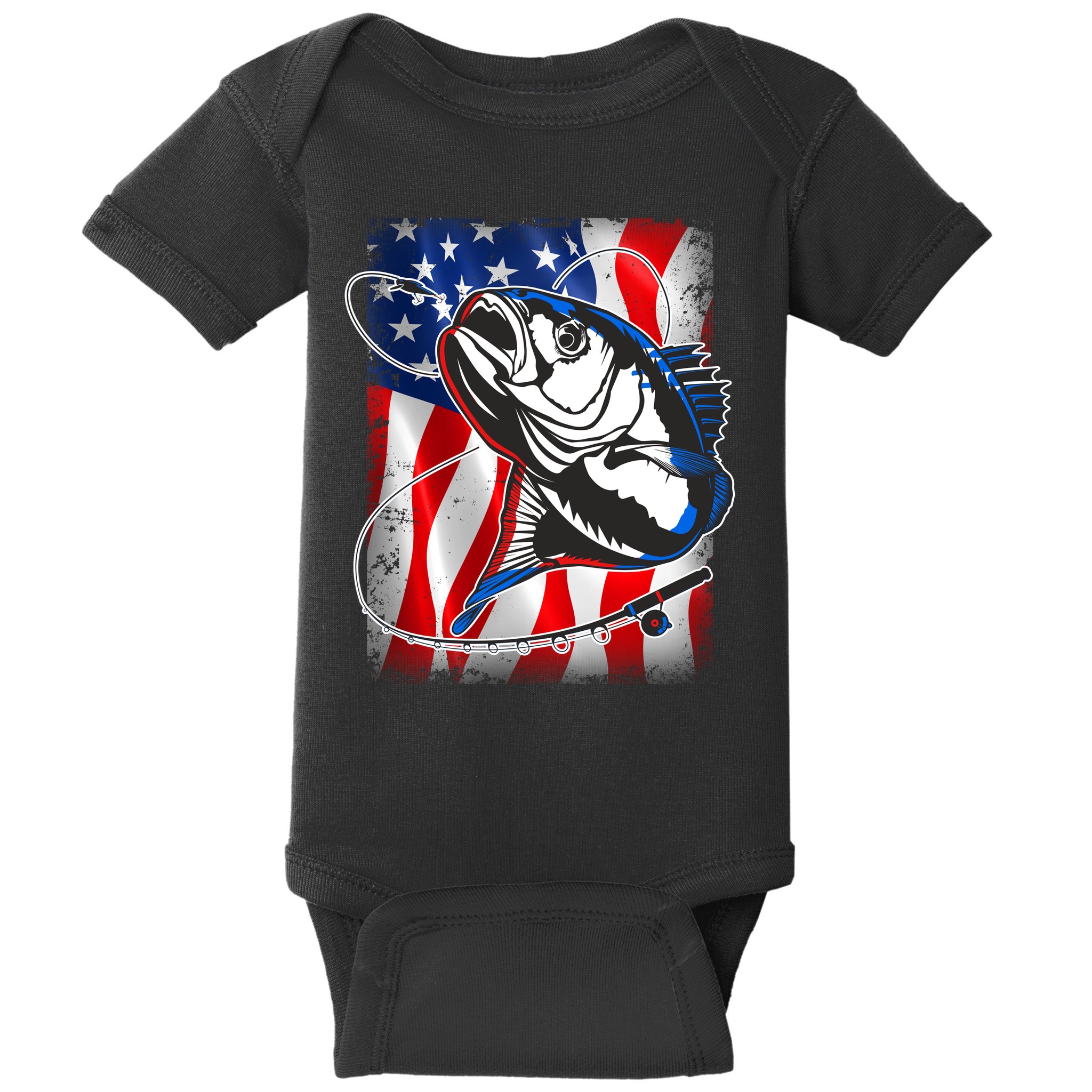 American USA Flag Bass Fishing Fan Baby Bodysuit